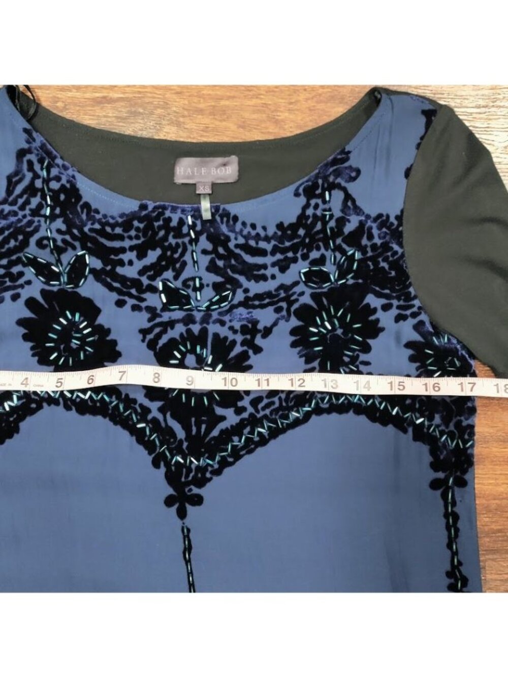 NWT Hale Bob Beaded Elisa Velvet Dress Burnout Long Sleeve Shift Blue Women's XS - Picture 12 of 14